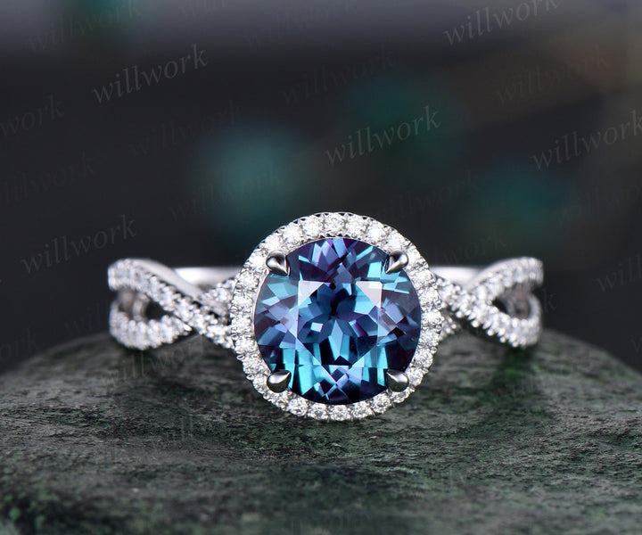 2ct round Alexandrite engagement ring white gold twisted infinity halo diamond ring vintage unique promise wedding anniversary ring women