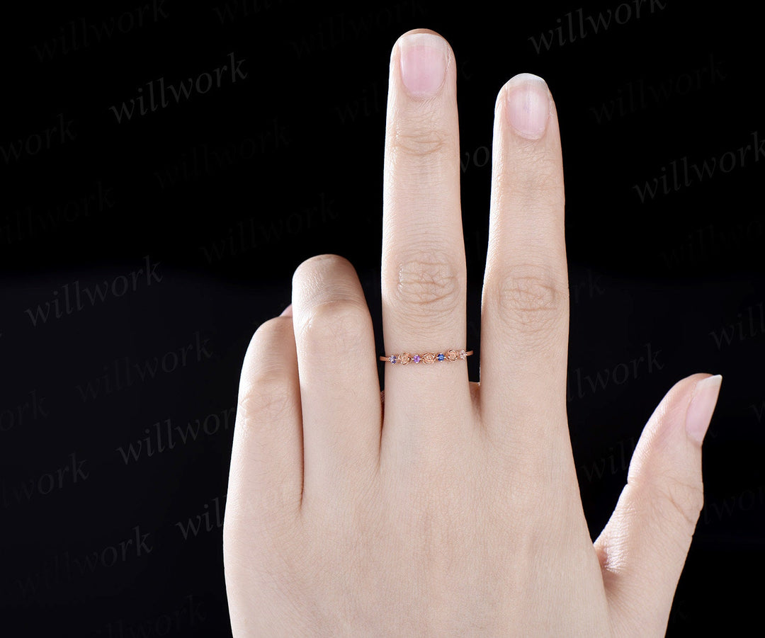 Floral natural Tanzanite amethyst sapphire moonstone wedding band women solid 14k rose gold flower four stone anniversary ring band gift