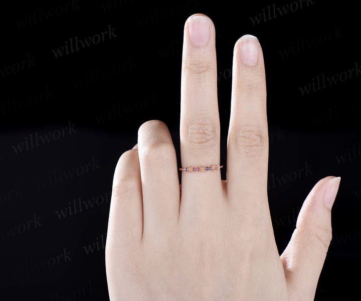 Floral natural Tanzanite amethyst sapphire moonstone wedding band women solid 14k rose gold flower four stone anniversary ring band gift
