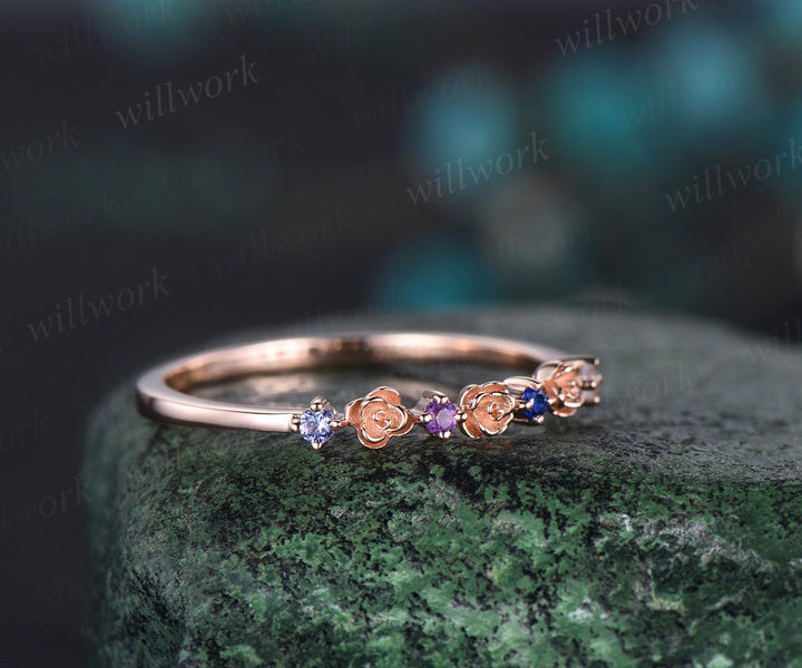 Floral natural Tanzanite amethyst sapphire moonstone wedding band women solid 14k rose gold flower four stone anniversary ring band gift