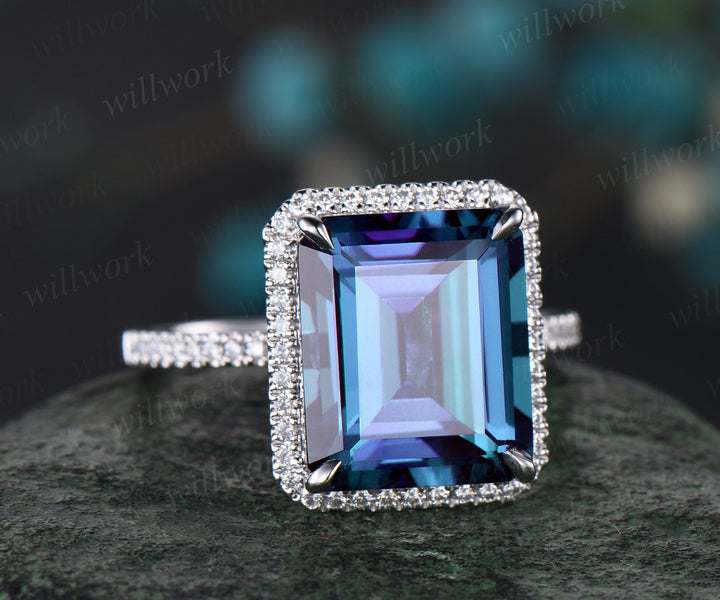 7ct emerald cut Alexandrite engagement ring solid 14k white gold half eternity halo diamond promise bridal wedding ring women jewelry