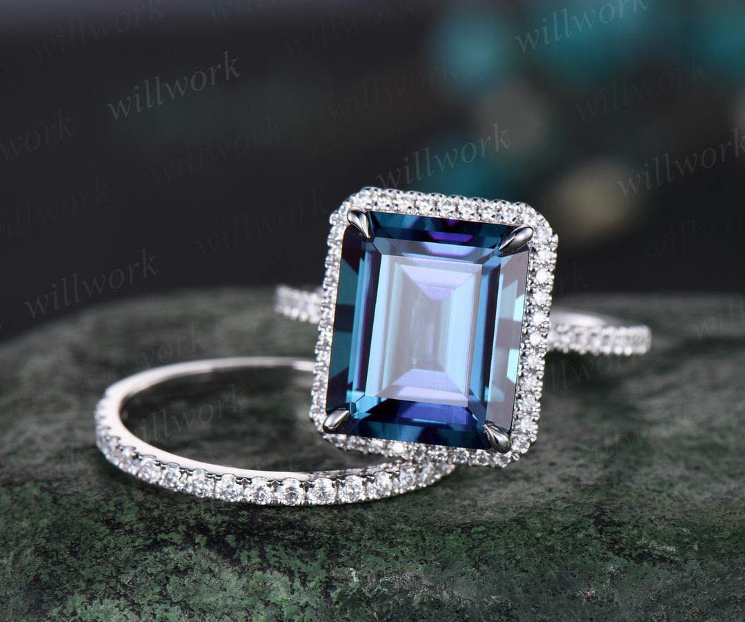 7ct emerald cut Alexandrite engagement ring solid 14k white gold half eternity halo diamond promise bridal wedding ring women jewelry