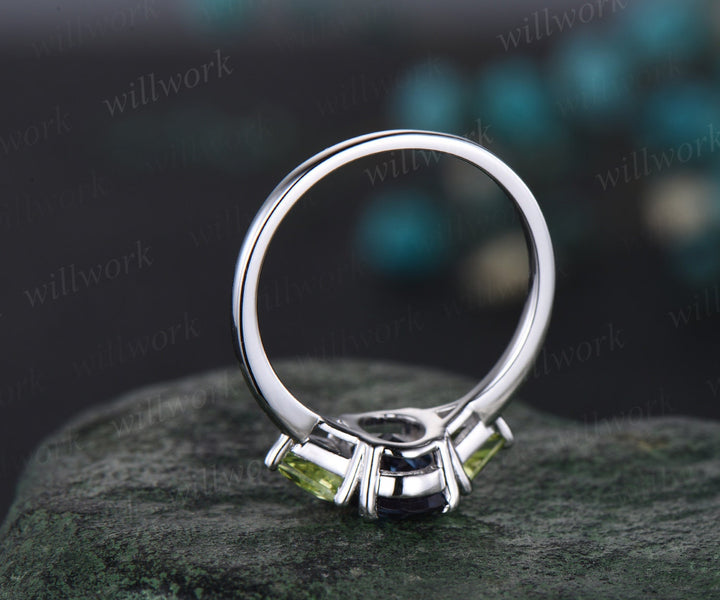 Oval cut alexandrite ring three stone Trillion peridot ring white gold unique engagement ring amethyst twisted bridal wedding ring set women