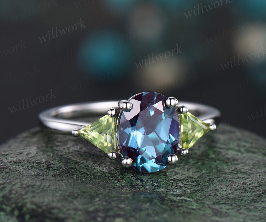 Oval cut alexandrite ring three stone Trillion peridot ring white gold unique engagement ring amethyst twisted bridal wedding ring set women