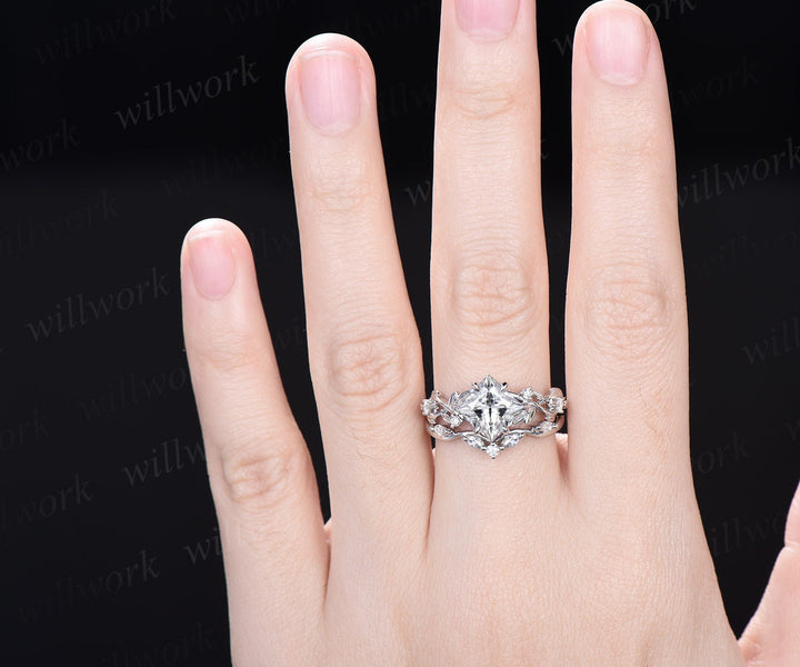 Nature inspired princess cut IGI lab-grown diamond engagement ring set 14k white gold five stone leaf branch ring diamond bridal ring set women gift