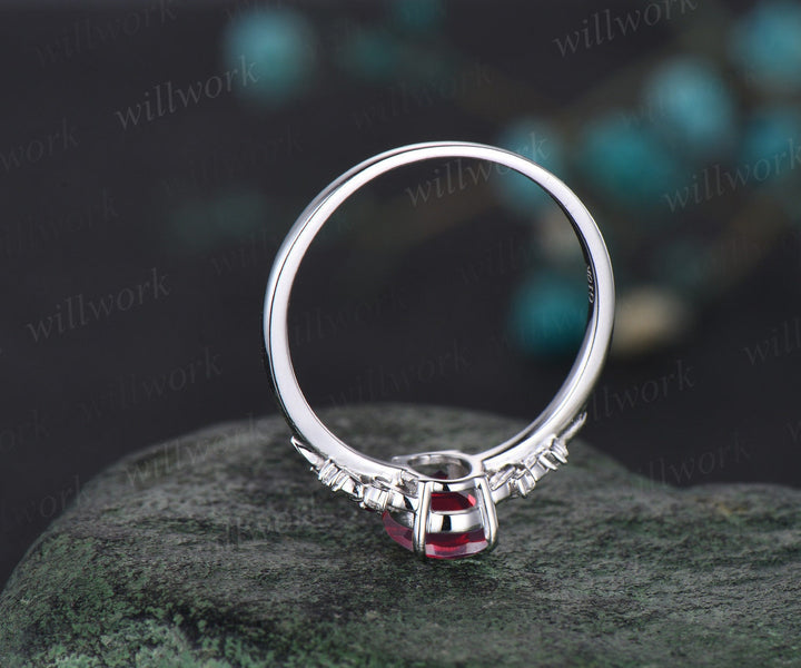 Vintage oval cut ruby engagement ring 14k white gold twig leaf floral antique unique diamond promise bridal wedding ring set women gift