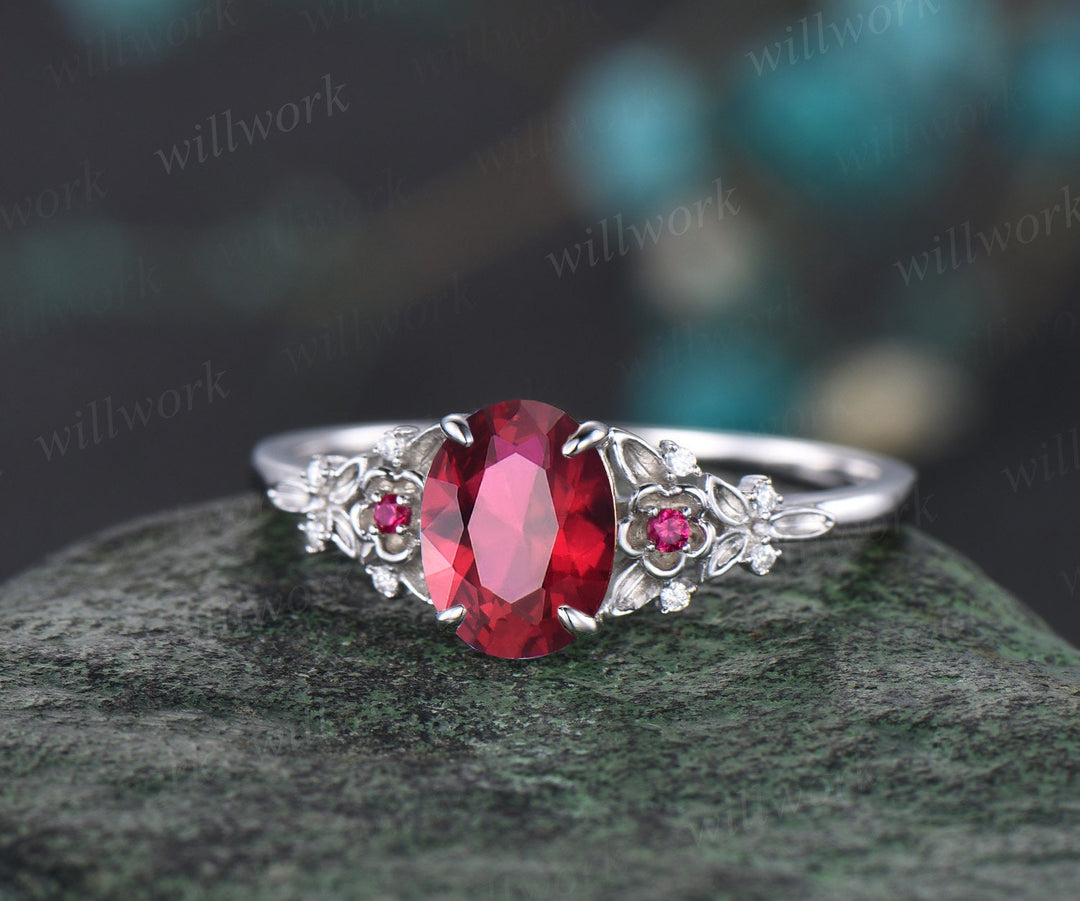 Vintage oval cut ruby engagement ring 14k white gold twig leaf floral antique unique diamond promise bridal wedding ring set women gift