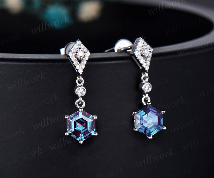 Vintage 1ct hexagon cut alexandrite earrings women solid 14k white gold kite halo diamond drop earrings wedding anniversary gift for her