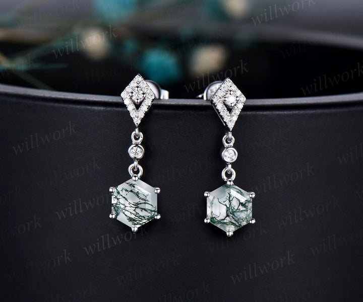 Vintage 1ct hexagon cut green moss agate earrings women solid 14k white gold kite halo diamond drop earrings anniversary gift for her