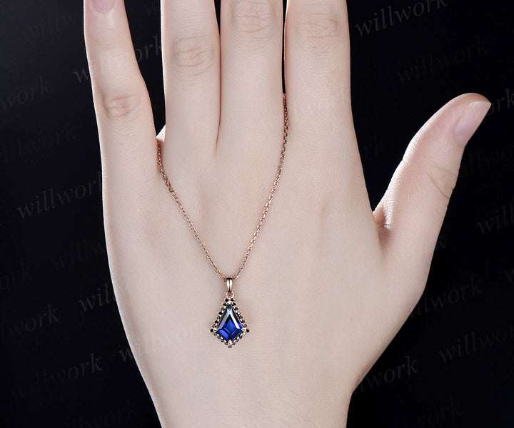 Unique kite cut blue sapphire necklace solid 14k 18k yellow gold halo black diamond pendant women gemstone mother promise anniversary gift
