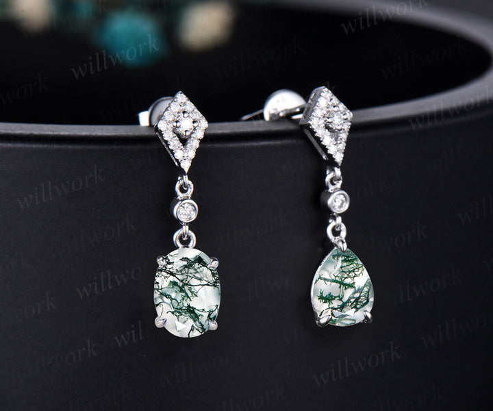 Vintage pear oval cut green moss agate earrings women solid 14k white gold dainty kite halo diamond drop earrings anniversary gift for her