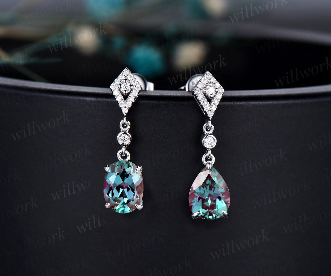 Vintage pear oval cut Alexandrite earrings women solid 14k white gold dainty kite halo diamond drop earrings anniversary gift for her