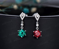 Vintage 1ct hexagon cut ruby and emerald earrings women solid 14k white gold kite halo diamond drop earrings anniversary gift her jewelry