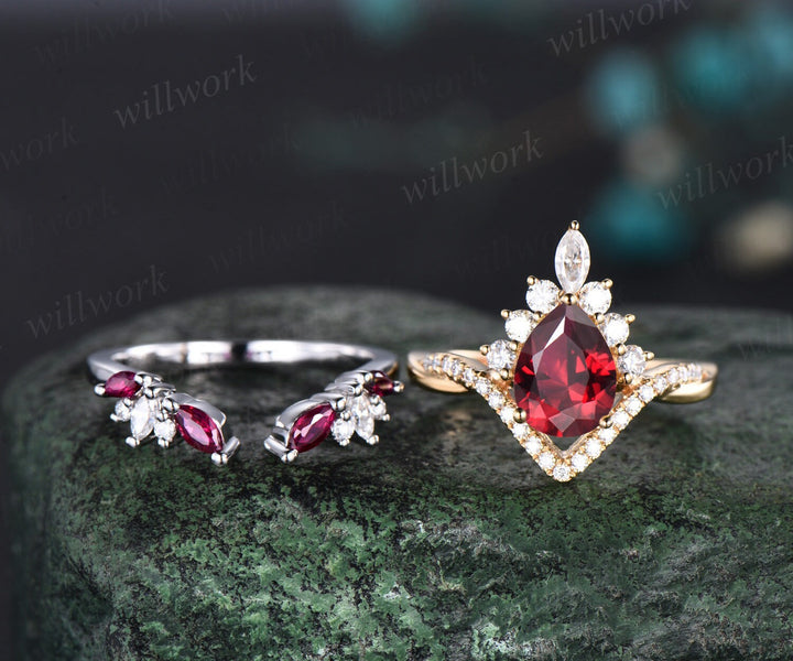 Vintage pear cut red ruby engagement ring 14k yellow gold twisted halo diamond ring jewelry unique promise wedding ring set women gift