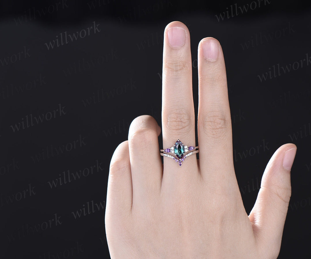Vintage marquise cut alexandrite engagement ring art deco white gold amethyst moissanite 6 prong gemstone bridal wedding ring set women