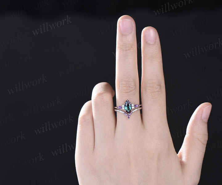 Vintage marquise cut alexandrite engagement ring art deco white gold amethyst moissanite 6 prong gemstone bridal wedding ring set women