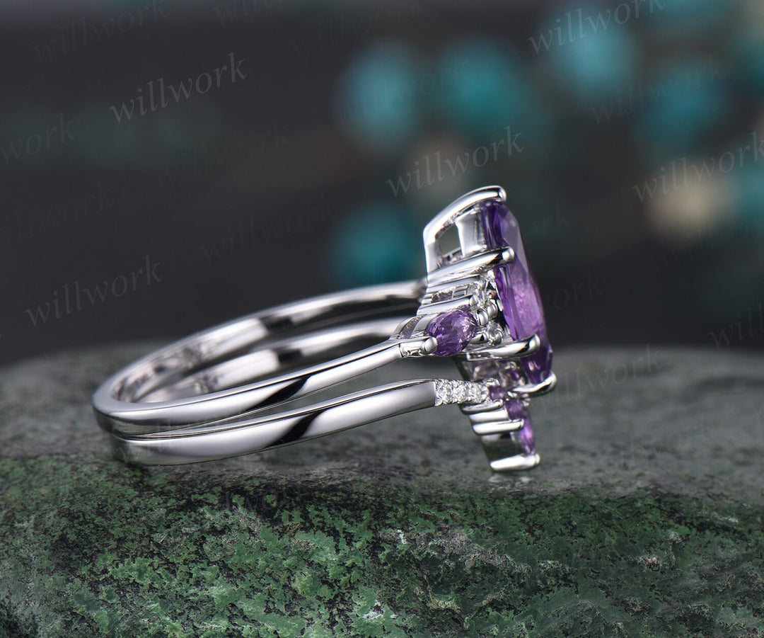 Vintage marquise cut purple amethyst engagement ring art deco 14k white gold moissanite 6 prong gemstone bridal wedding ring set women