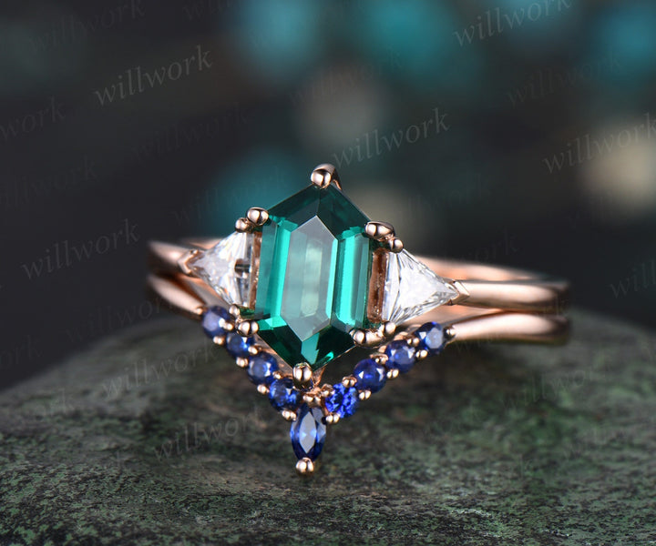 Hexagon cut green emerald engagement ring rose gold three stone trillion moissanite ring sapphire wedding bridal ring set women jewelry