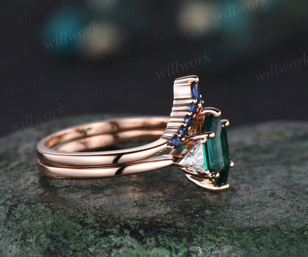Hexagon cut green emerald engagement ring rose gold three stone trillion moissanite ring sapphire wedding bridal ring set women jewelry