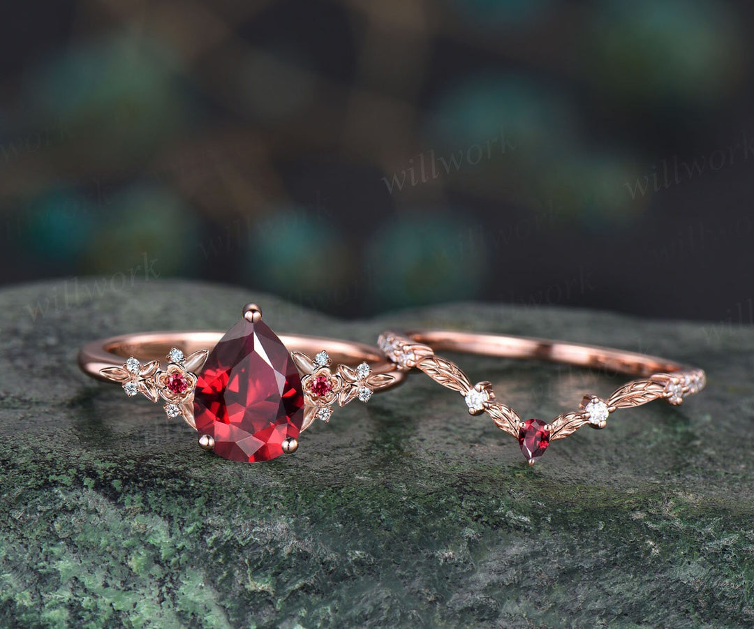 Vintage pear red ruby engagement ring solid 14k rose gold twig leaf floral antique unique cluster diamond bridal wedding ring set women gift