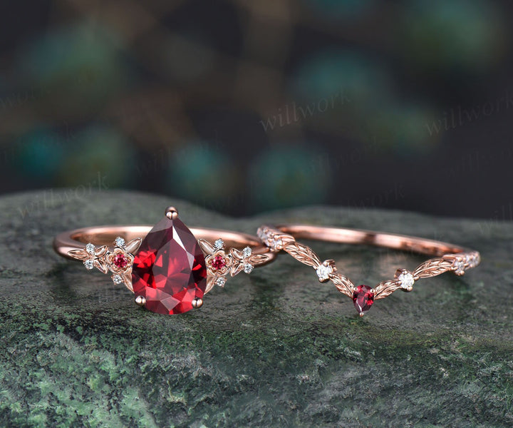 Vintage pear red ruby engagement ring solid 14k rose gold twig leaf floral antique unique cluster diamond bridal wedding ring set women gift