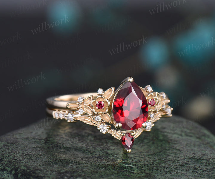 Vintage pear red ruby engagement ring solid 14k rose gold twig leaf floral antique unique cluster diamond bridal wedding ring set women gift