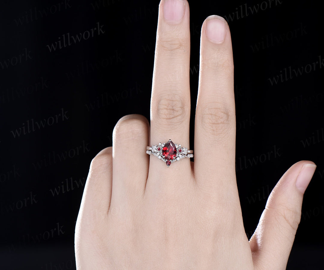 Vintage pear red ruby engagement ring solid 14k rose gold twig leaf floral antique unique cluster diamond bridal wedding ring set women gift