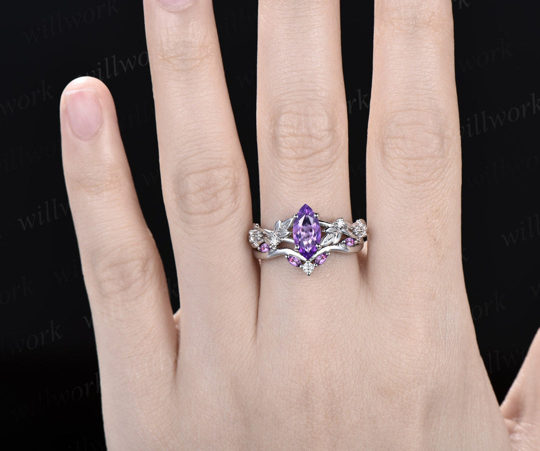 Vintage marquise cut purple amethyst engagement ring women twig leaf Nature inspired white gold ring branch diamond bridal ring set gift