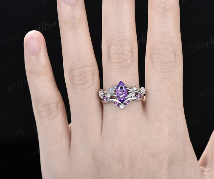 Vintage marquise cut purple amethyst engagement ring women twig leaf Nature inspired white gold ring branch diamond bridal ring set gift