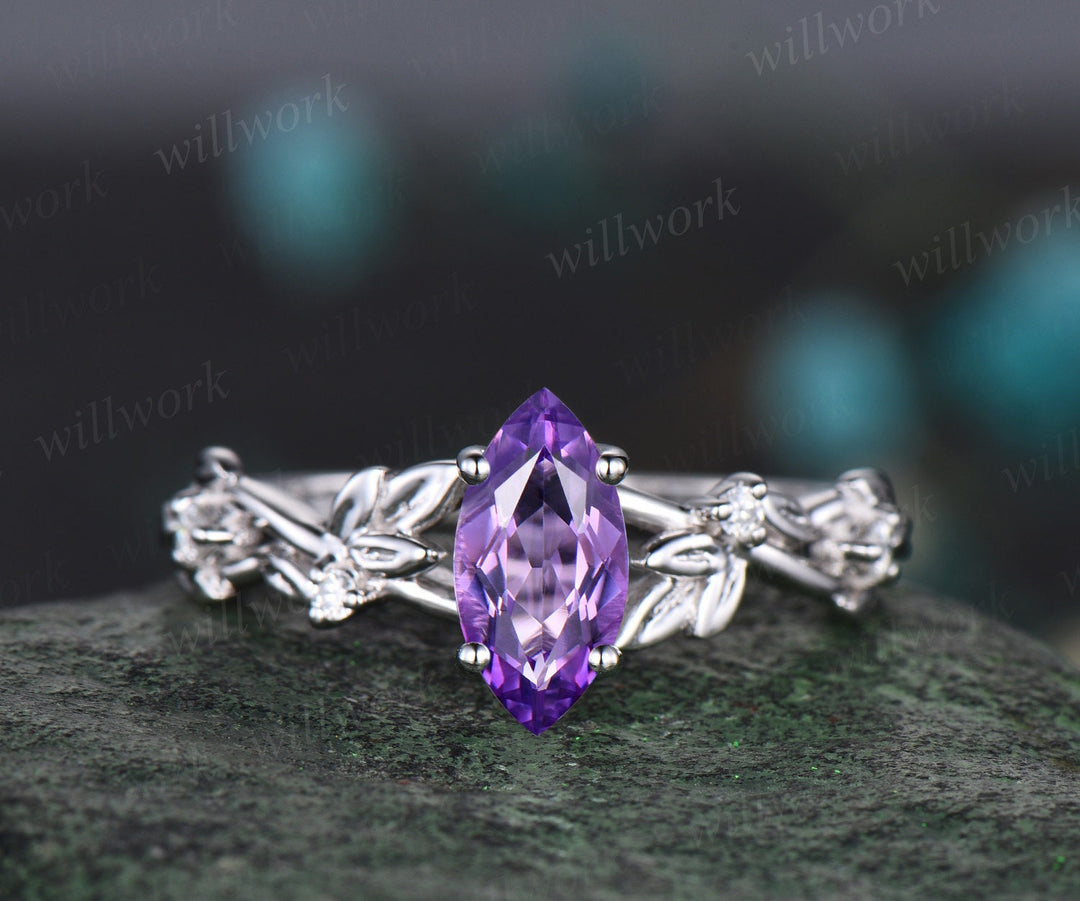 Vintage marquise cut purple amethyst engagement ring women twig leaf Nature inspired white gold ring branch diamond bridal ring set gift