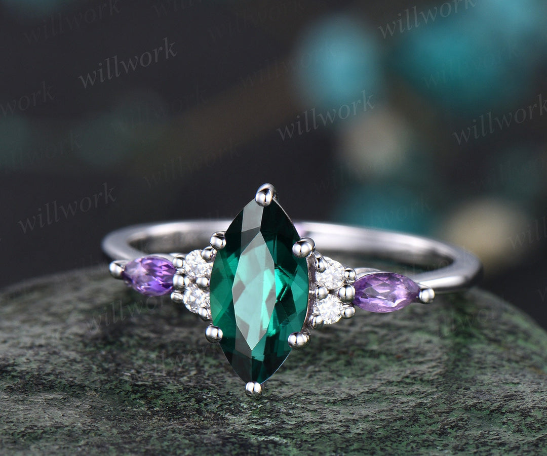 Vintage marquise cut green emerald engagement ring art deco white gold amethyst moissanite 6 prong crystal bridal wedding ring set women