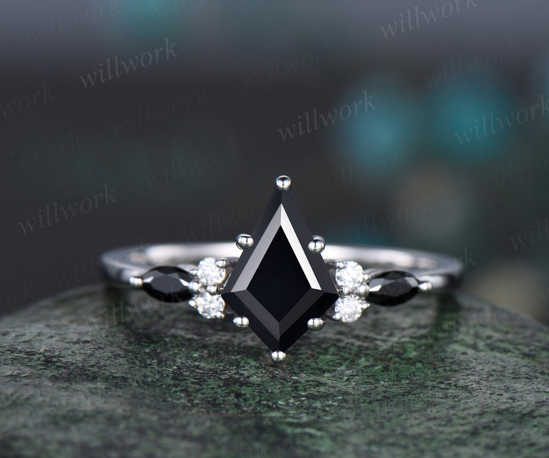 Vintage kite cut black onyx engagement ring solid 14k white gold 6 prong moissanite black spinel wedding anniversary ring set women gift
