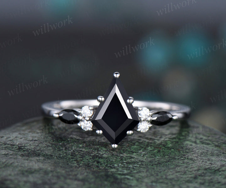 Vintage kite cut black onyx engagement ring solid 14k white gold 6 prong moissanite black spinel wedding anniversary ring set women gift
