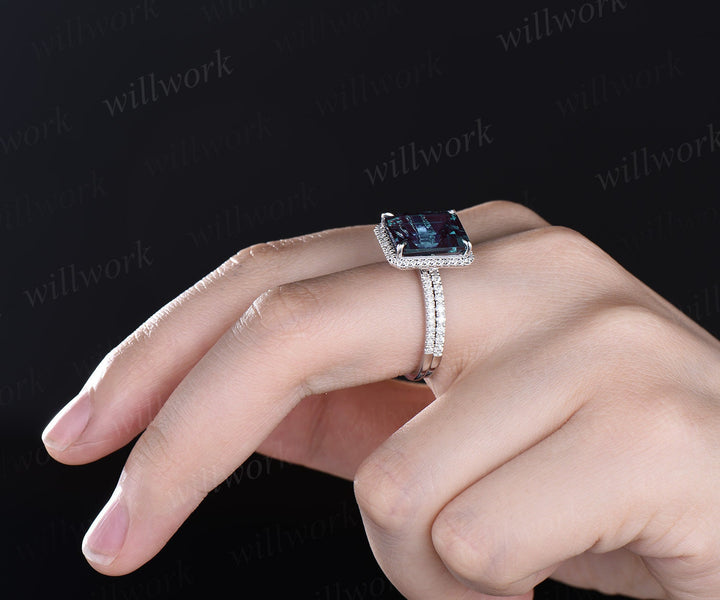 7ct emerald cut Alexandrite engagement ring solid 14k white gold half eternity halo diamond promise bridal wedding ring women jewelry