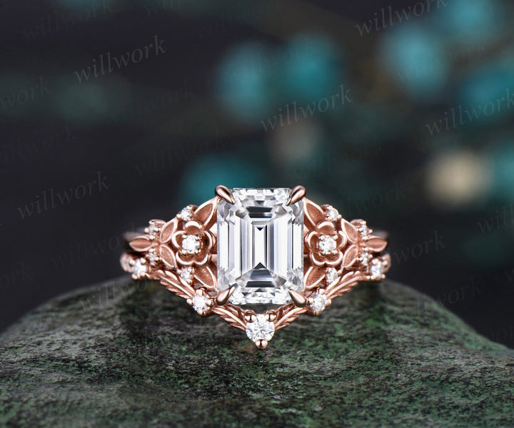 Vintage emerald cut moissanite engagement ring rose gold leaf flower nature inspired unique cluster diamond bridal wedding ring set women