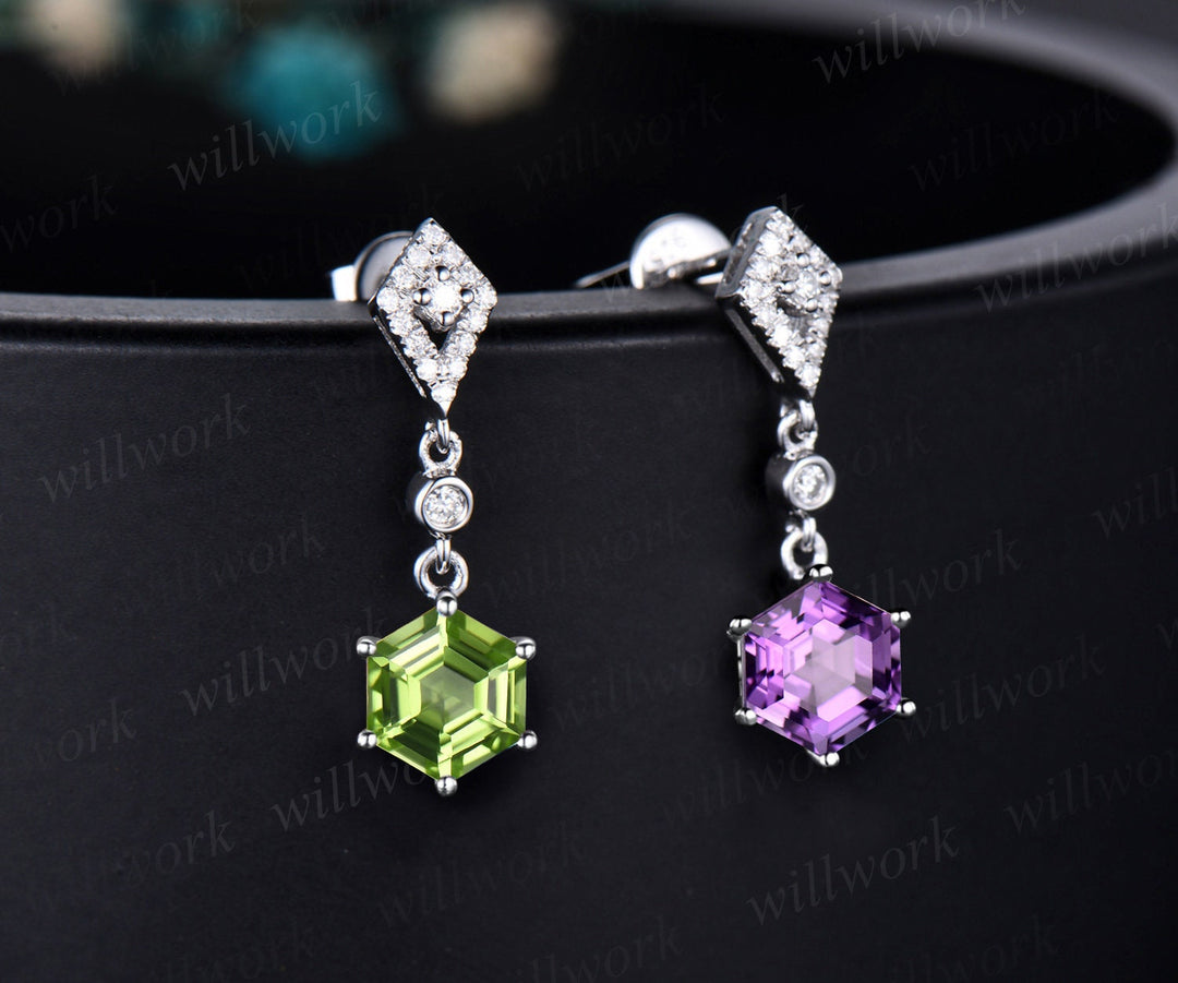 Vintage 1ct hexagon cut amethyst and peridot earrings women solid 14k white gold kite halo diamond drop earrings anniversary gift for her