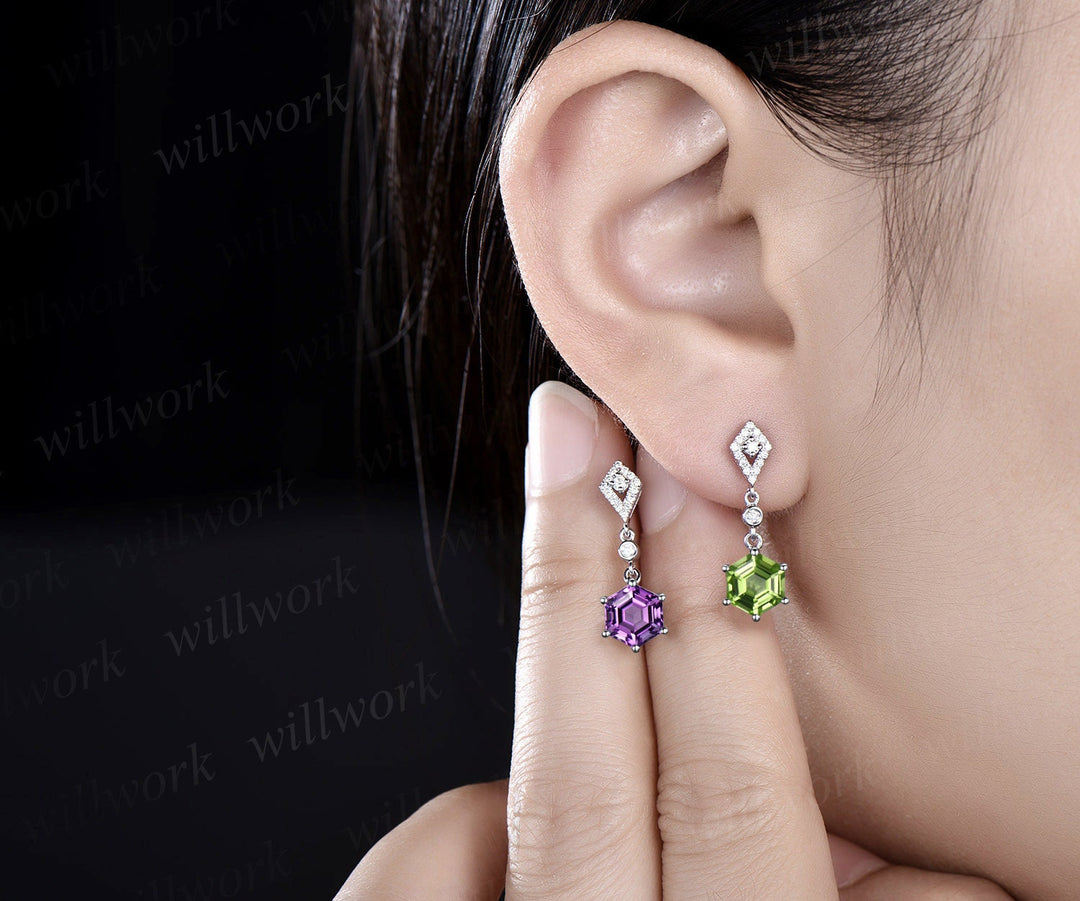 Vintage 1ct hexagon cut amethyst and peridot earrings women solid 14k white gold kite halo diamond drop earrings anniversary gift for her