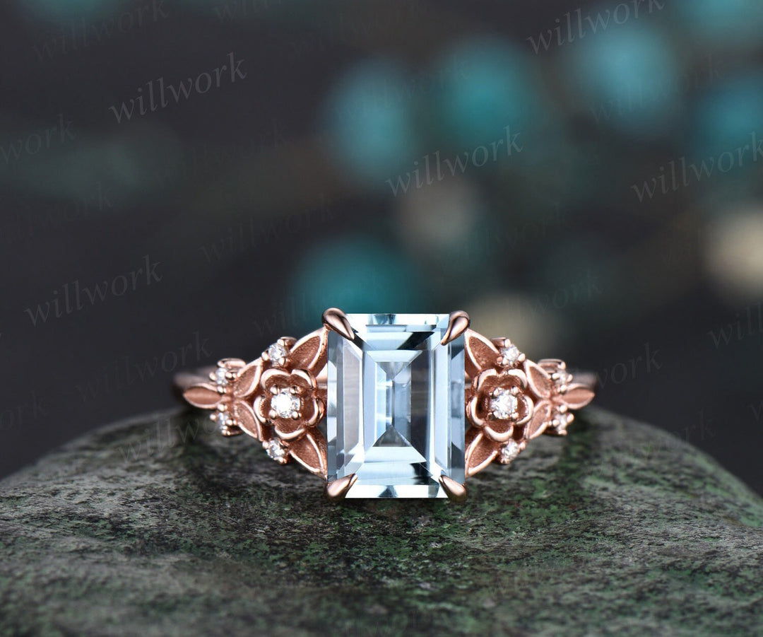 Vintage emerald cut aquamarine engagement ring rose gold leaf flower nature inspired unique cluster diamond bridal wedding ring set women