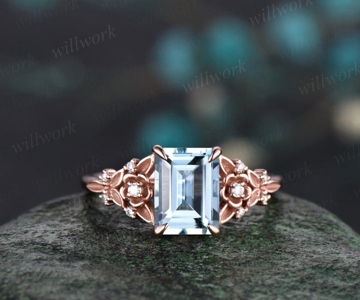 Vintage emerald cut aquamarine engagement ring rose gold leaf flower nature inspired unique cluster diamond bridal wedding ring set women