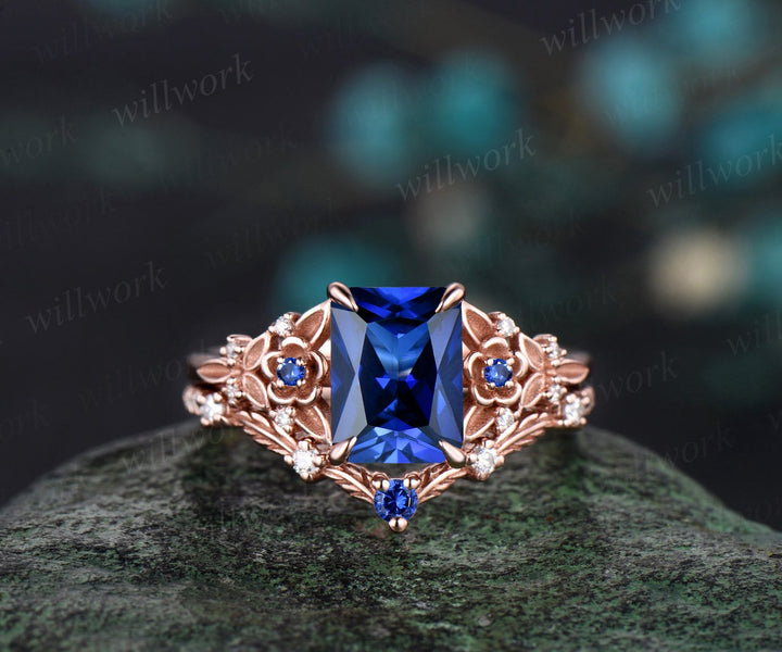 Vintage Radiant cut sapphire engagement ring rose gold leaf flower nature inspired unique cluster diamond bridal wedding ring set women