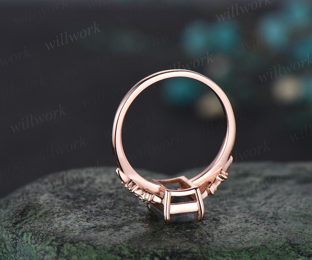 Vintage Radiant cut sapphire engagement ring rose gold leaf flower nature inspired unique cluster diamond bridal wedding ring set women