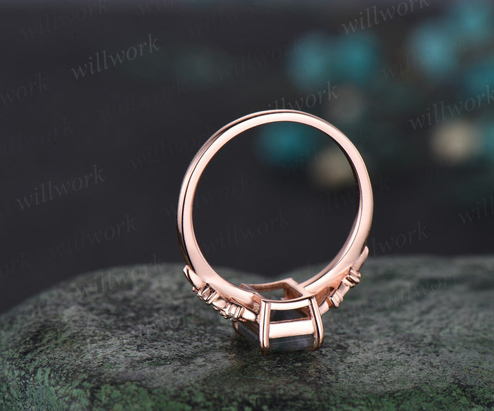 Vintage Radiant cut sapphire engagement ring rose gold leaf flower nature inspired unique cluster diamond bridal wedding ring set women