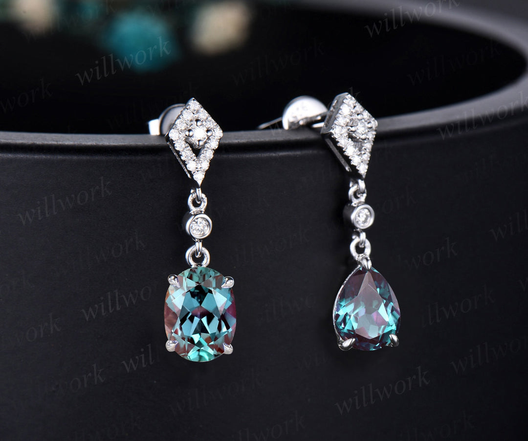 Vintage pear oval cut Alexandrite earrings women solid 14k white gold dainty kite halo diamond drop earrings anniversary gift for her