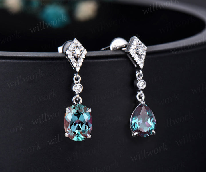 Vintage pear oval cut Alexandrite earrings women solid 14k white gold dainty kite halo diamond drop earrings anniversary gift for her