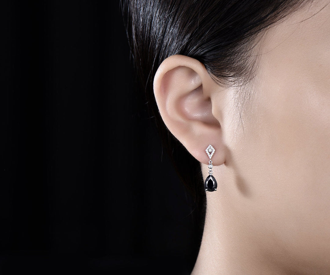 Vintage pear oval cut black onyx earrings women solid 14k 18k white gold dainty kite halo diamond drop earrings anniversary gift for her