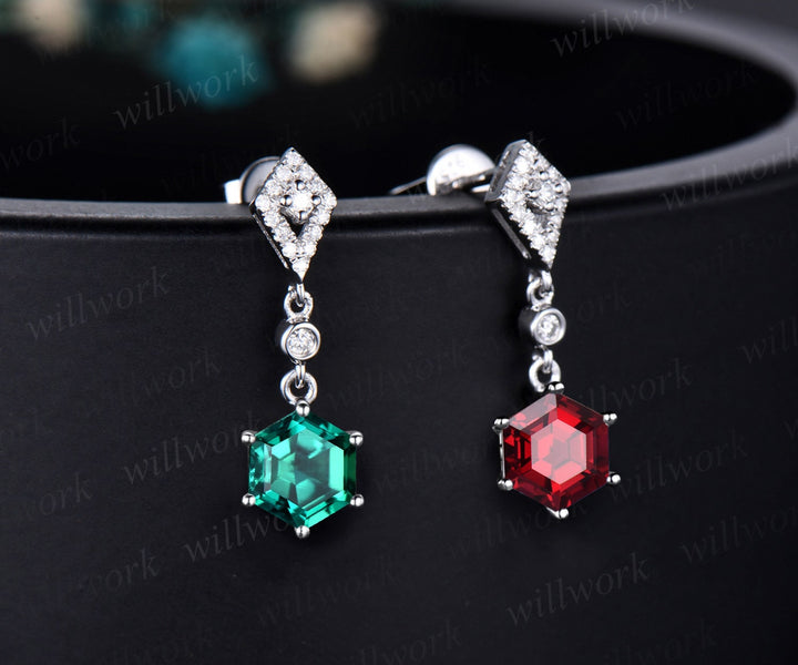 Vintage 1ct hexagon cut ruby and emerald earrings women solid 14k white gold kite halo diamond drop earrings anniversary gift her jewelry