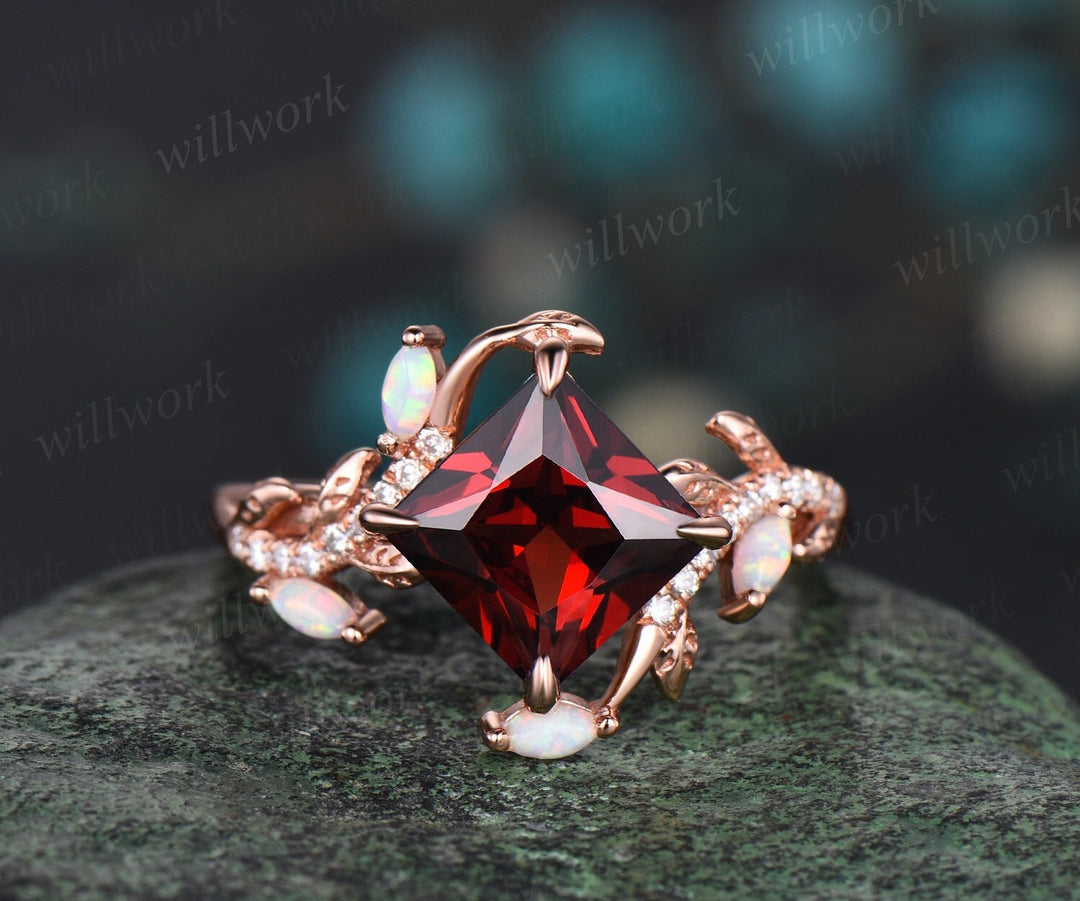 Vintage princess cut red garnet engagement ring rose gold leaf nature inspired branch half eternity diamond opal anniversary ring women gift