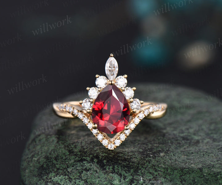 Vintage pear cut red ruby engagement ring 14k yellow gold twisted halo diamond ring jewelry unique promise wedding ring set women gift