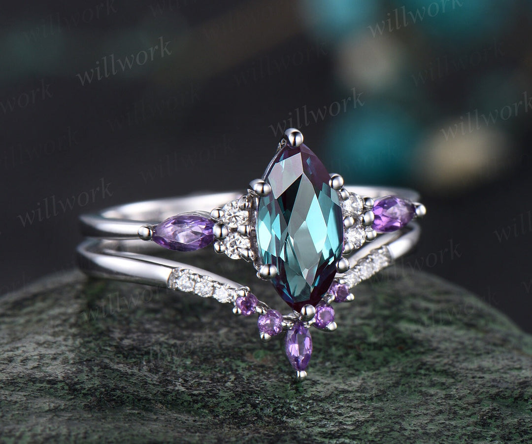 Vintage marquise cut alexandrite engagement ring art deco white gold amethyst moissanite 6 prong gemstone bridal wedding ring set women