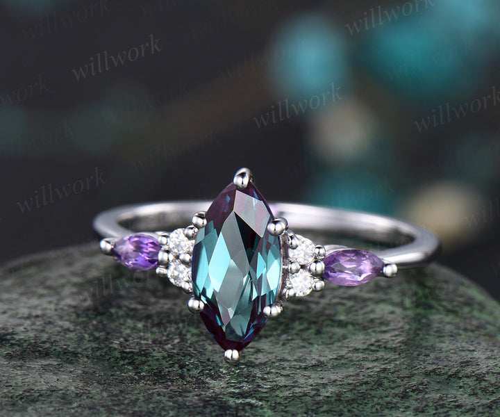 Vintage marquise cut alexandrite engagement ring art deco white gold amethyst moissanite 6 prong gemstone bridal wedding ring set women